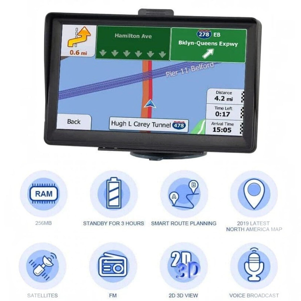 Touchscreen Vehicle GPS Navigation Device with Turn by Turn Voice Guidance and Mount