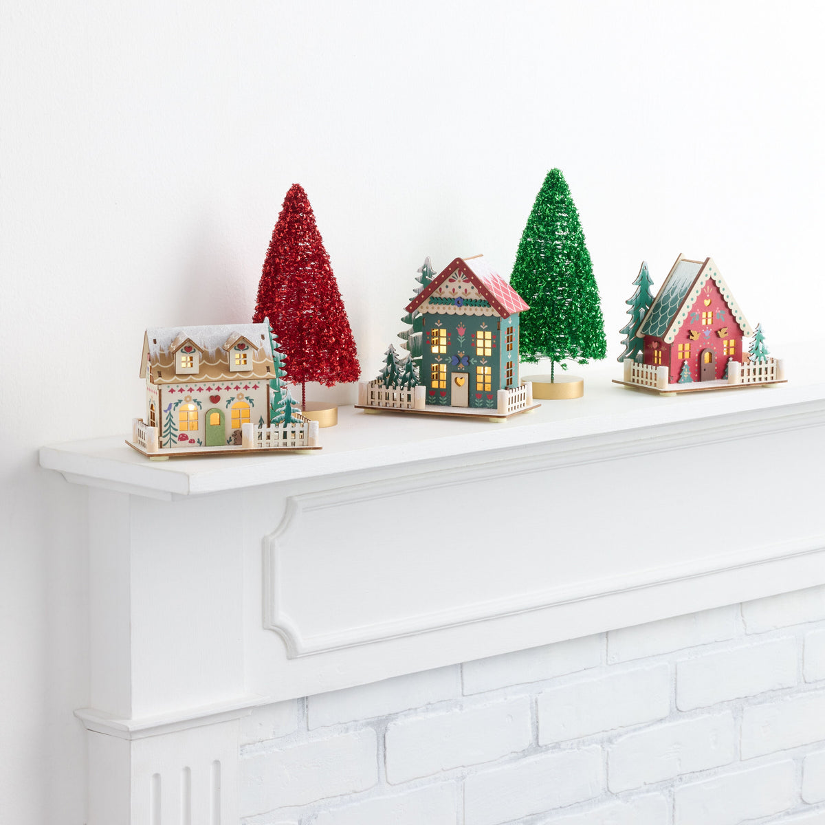Wood Folk Cottage Set with LED Window Lights and Auto Timer, 3-Piece