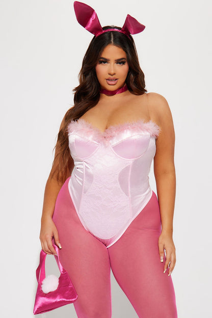 Womens Pink Bunny Costume Set with Faux Fur Trim Bodysuit and Sheer Leggings