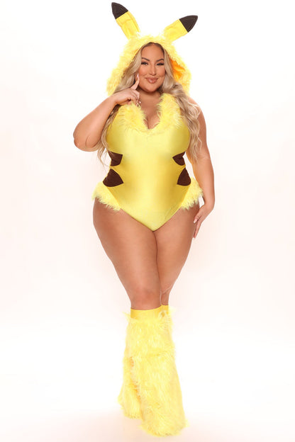 Yellow Hooded Bodysuit Costume Set with Lightning Bolt Tail and Furry Boot Covers