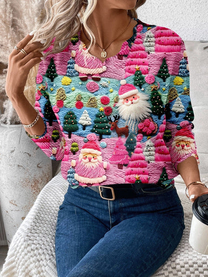 Christmas Pullover Sweater with Multicolor Holiday Pattern and Scalloped Hem