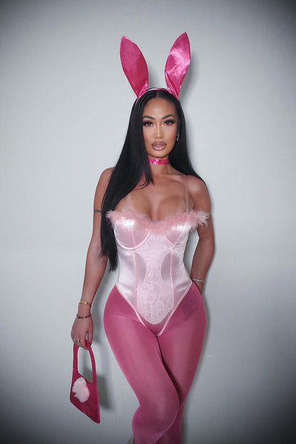 Womens Pink Bunny Costume Set with Faux Fur Trim Bodysuit and Sheer Leggings