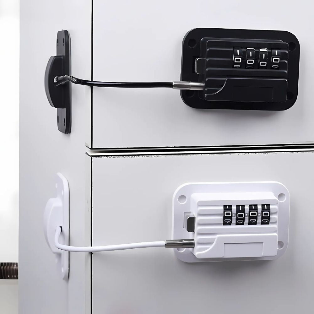 Refrigerator Door Lock with Programmable Code and Adjustable Strap, Adhesive Mount