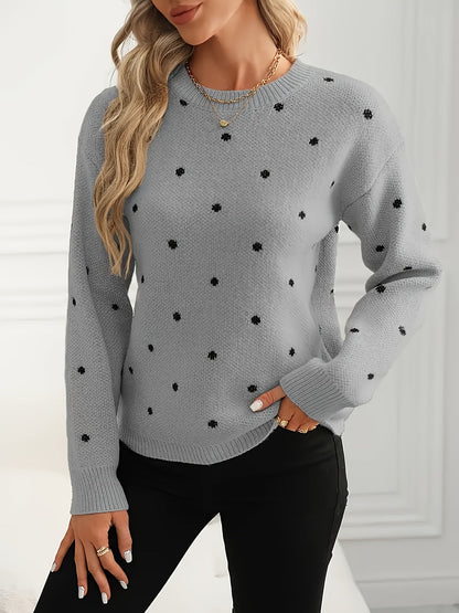 Womens Polka Dot Crew Neck Sweater with Soft Warm Knit and Relaxed Fit in Khaki or Gray