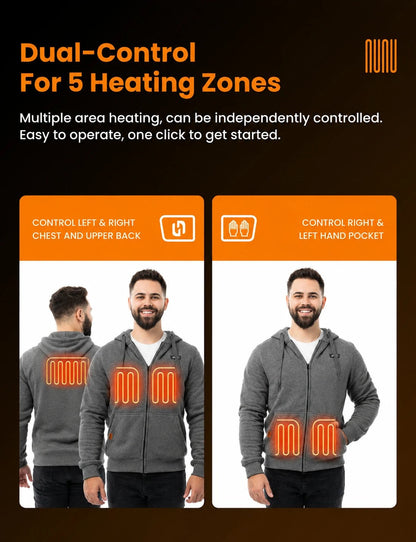 Mens Electric Heated Zipper Sweatshirt with Rechargeable Battery Pack and Dual Heating Zones