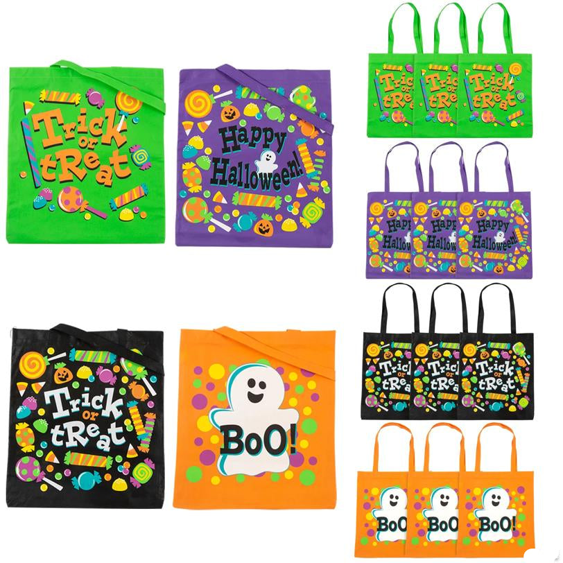 Large Reusable Halloween Tote Bags Set of 12 in Four Neon Designs with Long Handles