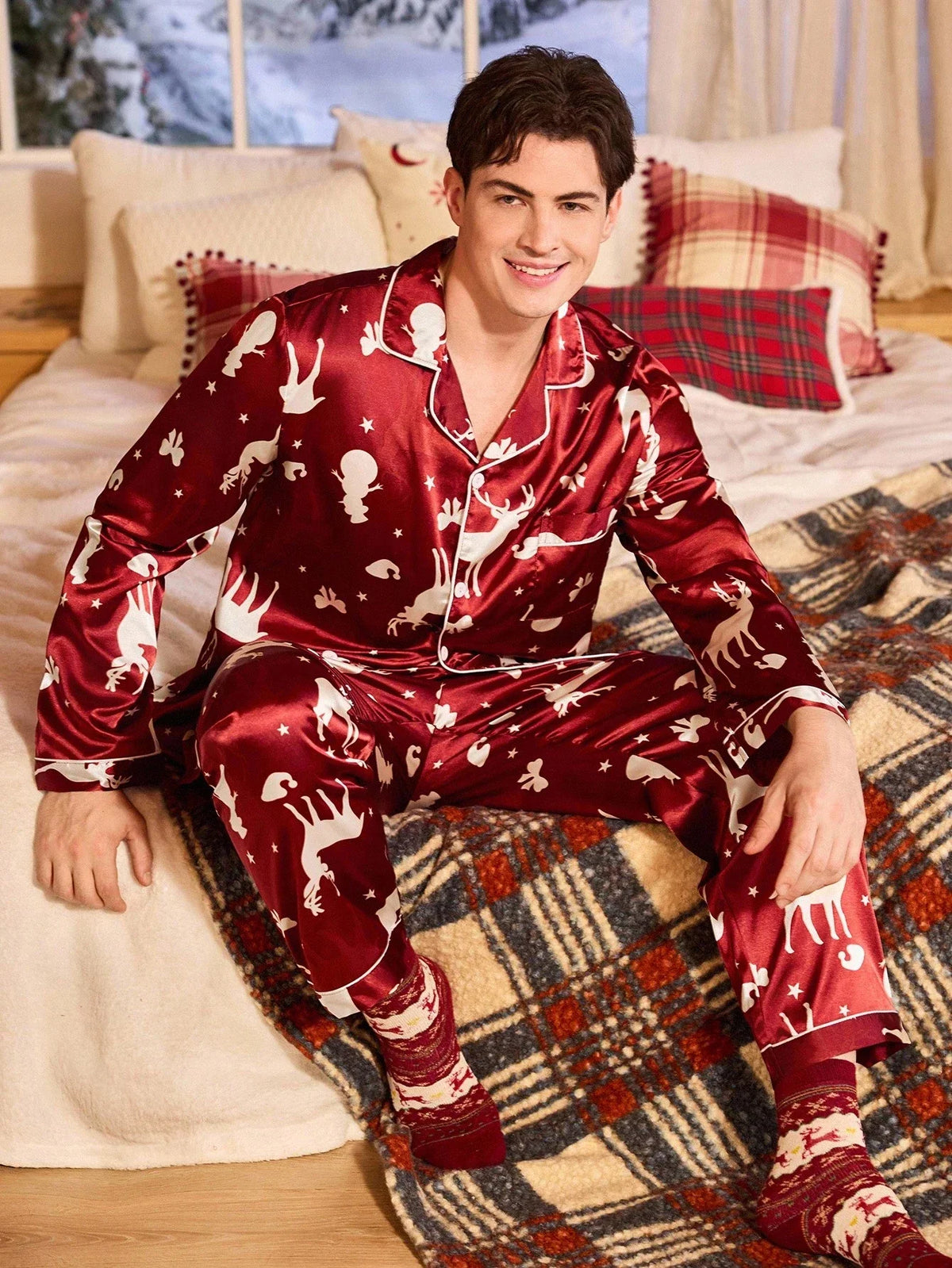 Burgundy Satin Pajama Set with Long Sleeves and Loose Pants, Button Front