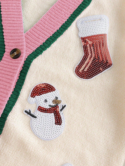 Women's Button Front Cardigan with Drop Shoulders and Multicolor Christmas Pattern