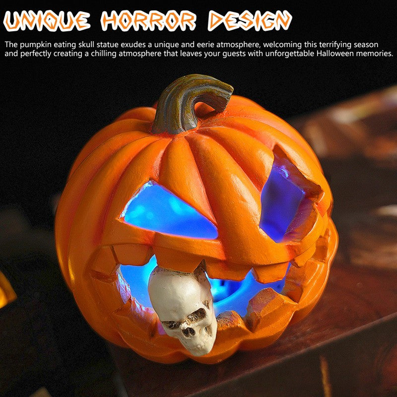 Carved Pumpkin with Skull Insert Halloween Ornament, Resin Freestanding Prop