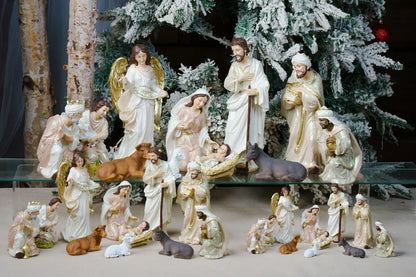 Eleven Piece Blush Pink and Ivory Nativity Set with a Gloria Banner Angel and a Pearlized Finish in Three Sizes