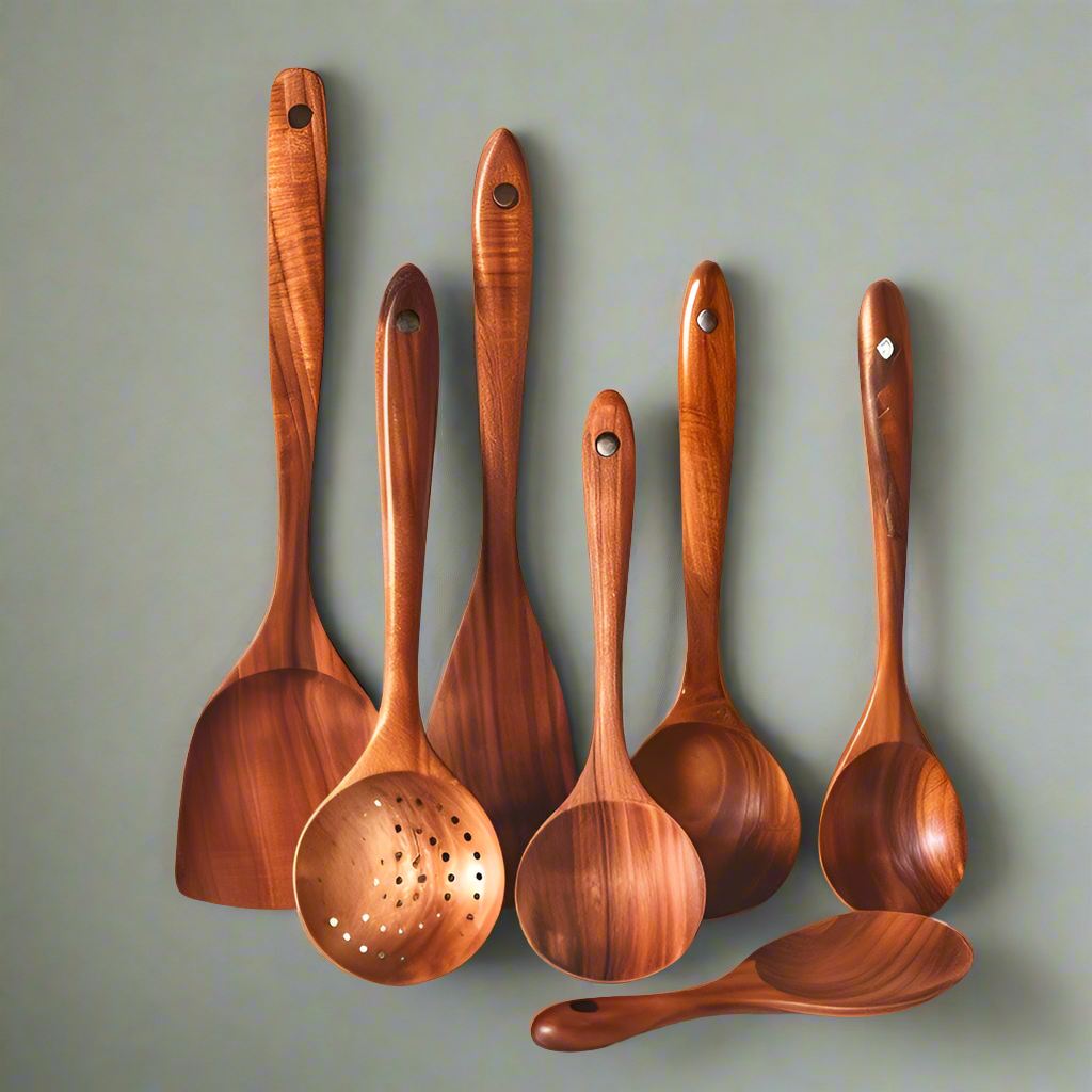 Wooden Kitchen Utensil Set with Nonstick Safe Design and Heat Resistant Teak