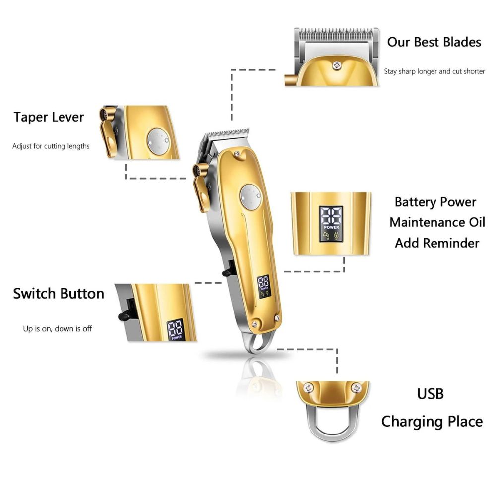 Cordless Metal Hair Clipper with Ceramic Blades and Adjustable Taper Lever, 4 Guide Heads