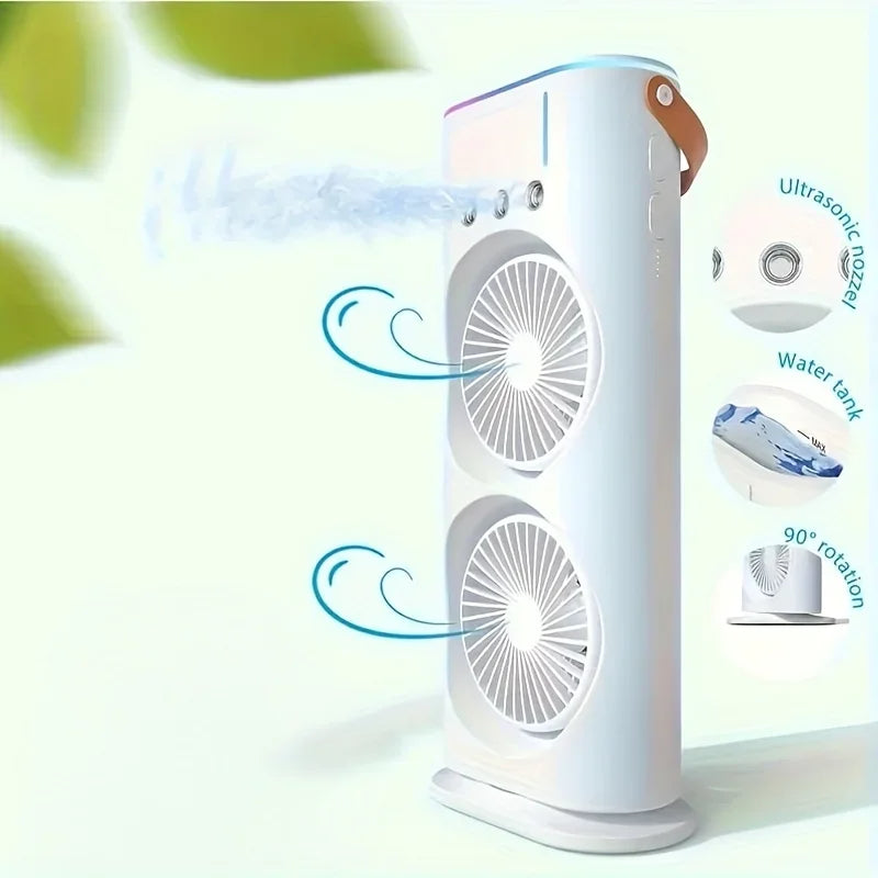 Rechargeable Desk Fan with Dual Oscillating Heads and Mist Spray, Color Changing Light