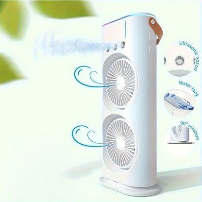 Rechargeable Desk Fan with Dual Oscillating Heads and Mist Spray, Color Changing Light