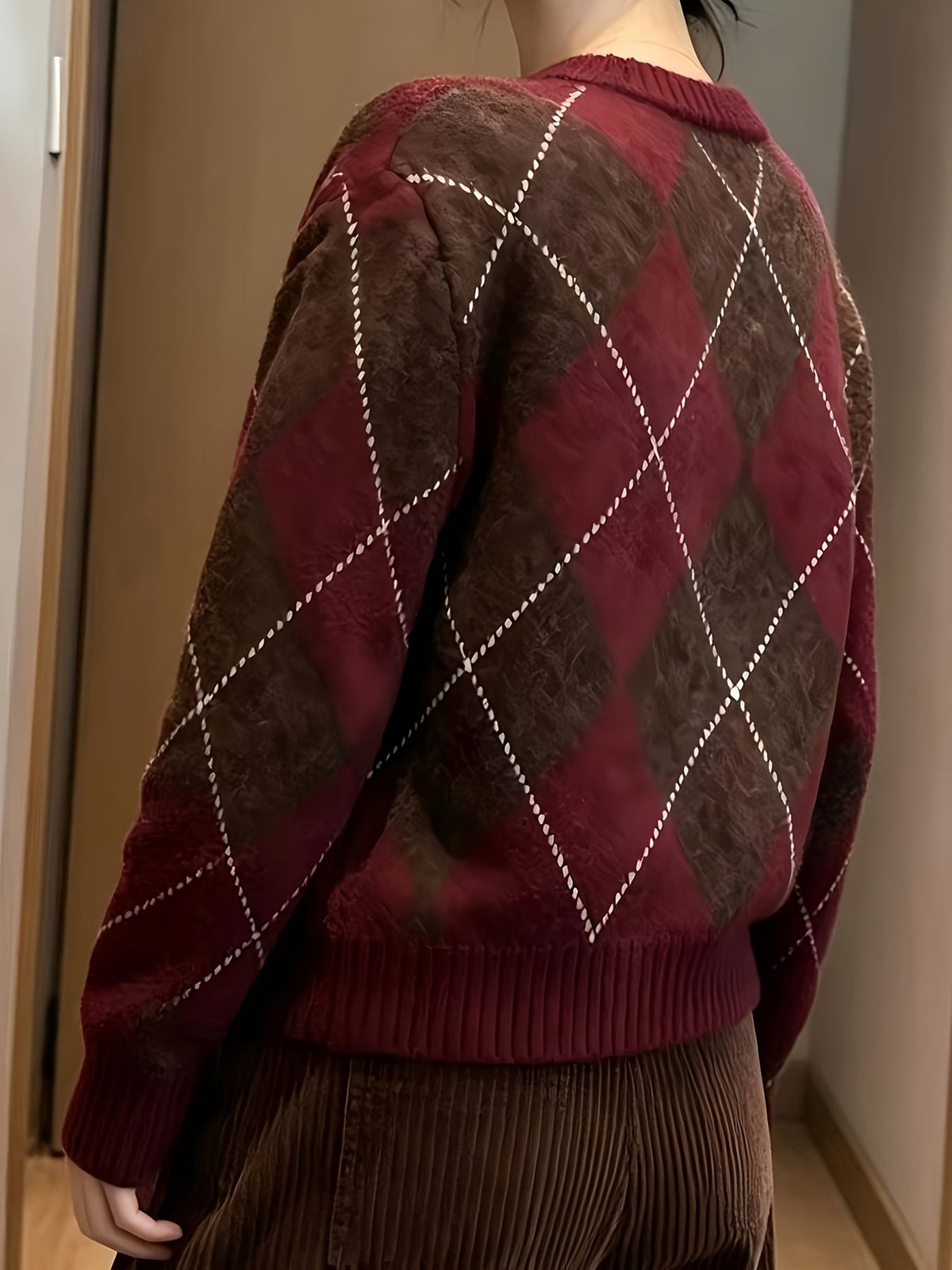 Womens Diamond Argyle Round Neck Sweater with Long Sleeves and a Soft Warm Relaxed Fit in Red Brown