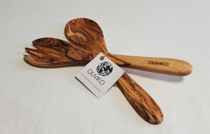 Handmade 9.5-inch olive wood salad servers fork and spoon set by OLIVIKO with natural grain patterns
