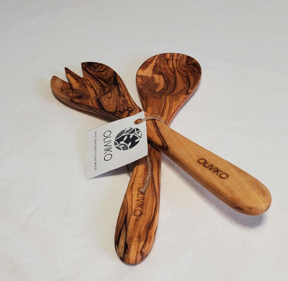 Handmade 9.5 inch olive wood salad servers fork and spoon set by OLIVIKO with natural wood grain and eco-friendly design