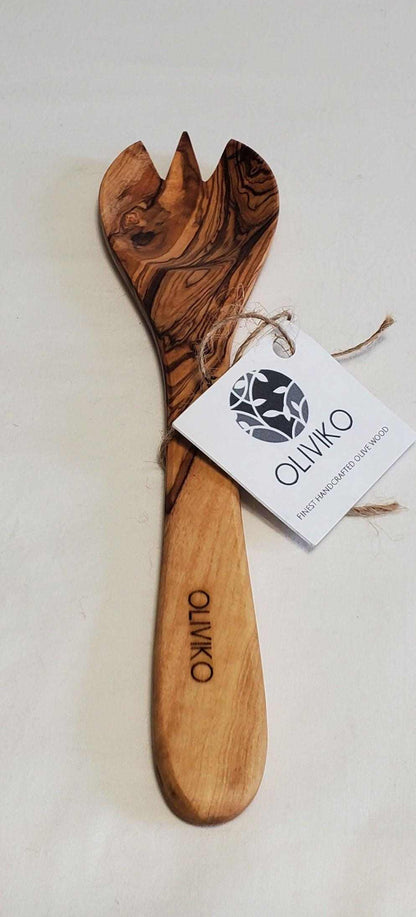 Handmade 9.5 inch olive wood salad servers fork and spoon set with OLIVIKO branding