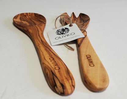 Handmade 9.5 inch olive wood salad servers fork and spoon set with OLIVIKO branding