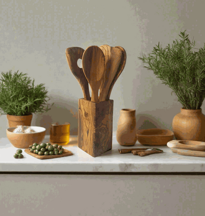 Handcrafted Olive Wood Utensil Set with olive wood spatula, fork, spoons, and holder