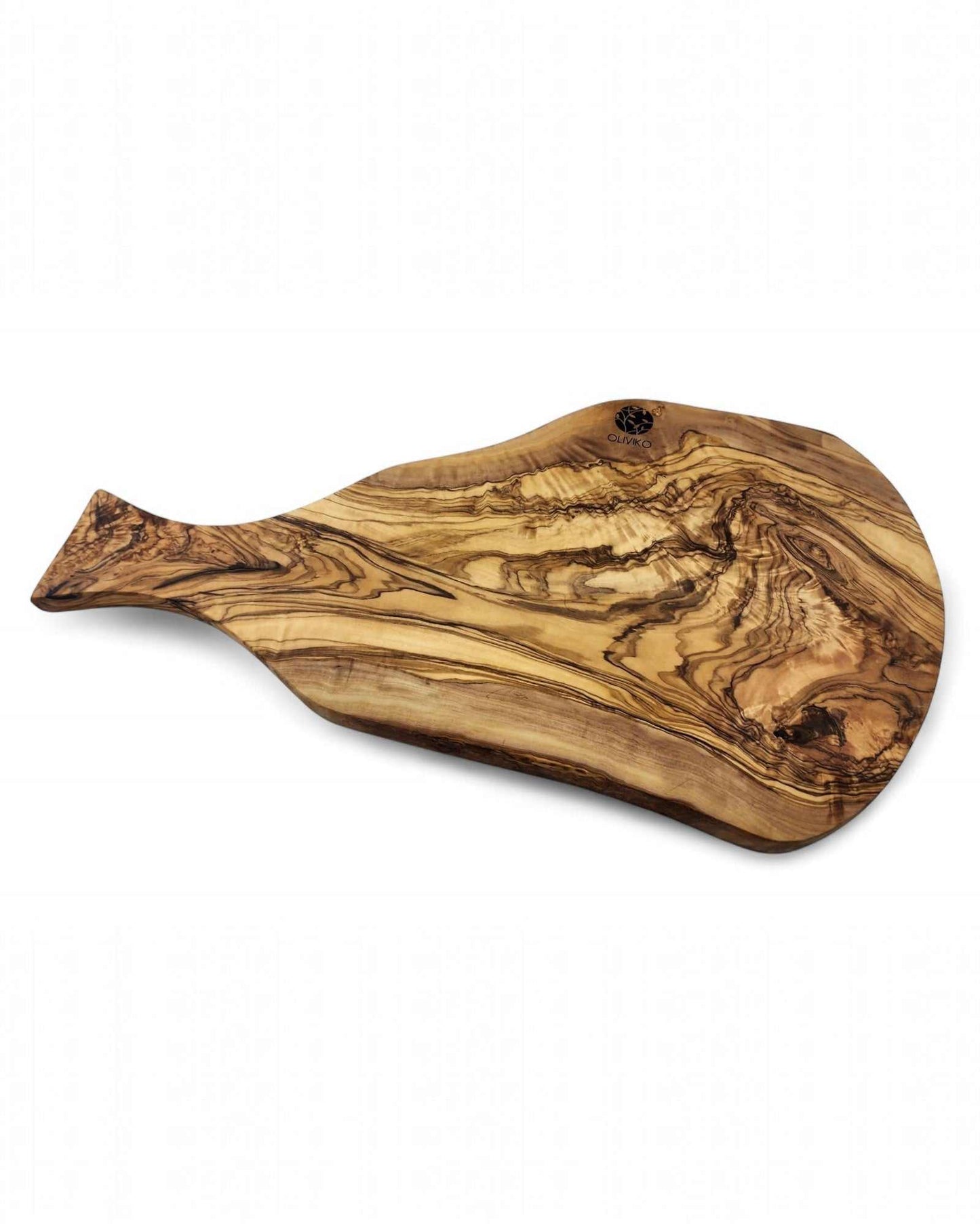 Handmade olive wood cutting board with unique grain patterns, 16x8 inches, ideal for chopping bread, fruit, and meat