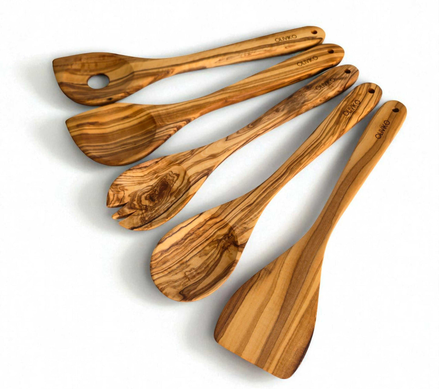 Handcrafted Olive Wood Utensil Set with olive wood spatula, fork, spoons, and holder