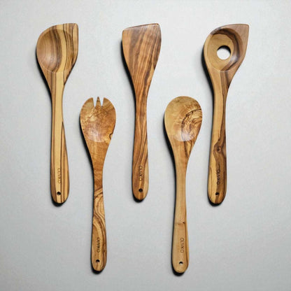 Handcrafted Olive Wood Utensil Set with olive wood spatula, fork, spoons, and holder