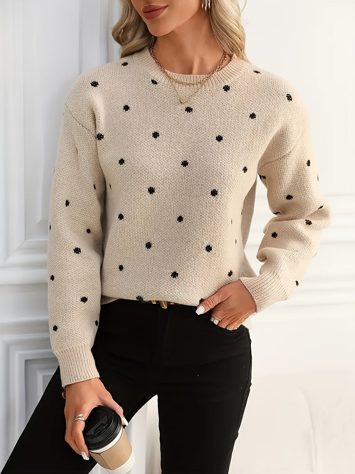 Womens Polka Dot Crew Neck Sweater with Soft Warm Knit and Relaxed Fit in Khaki or Gray