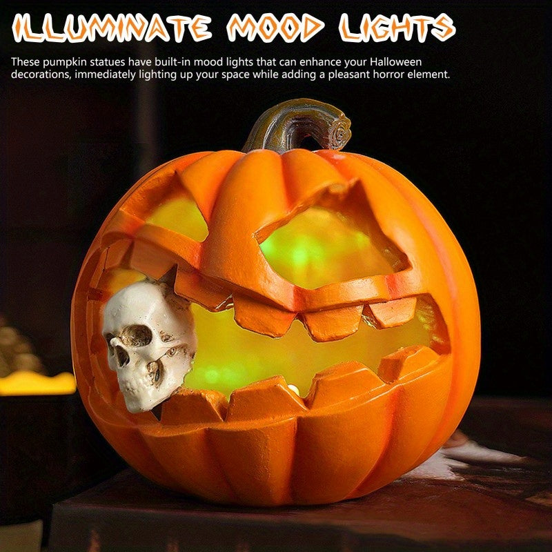 Carved Pumpkin with Skull Insert Halloween Ornament, Resin Freestanding Prop
