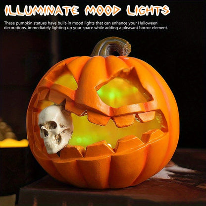 Carved Pumpkin with Skull Insert Halloween Ornament, Resin Freestanding Prop
