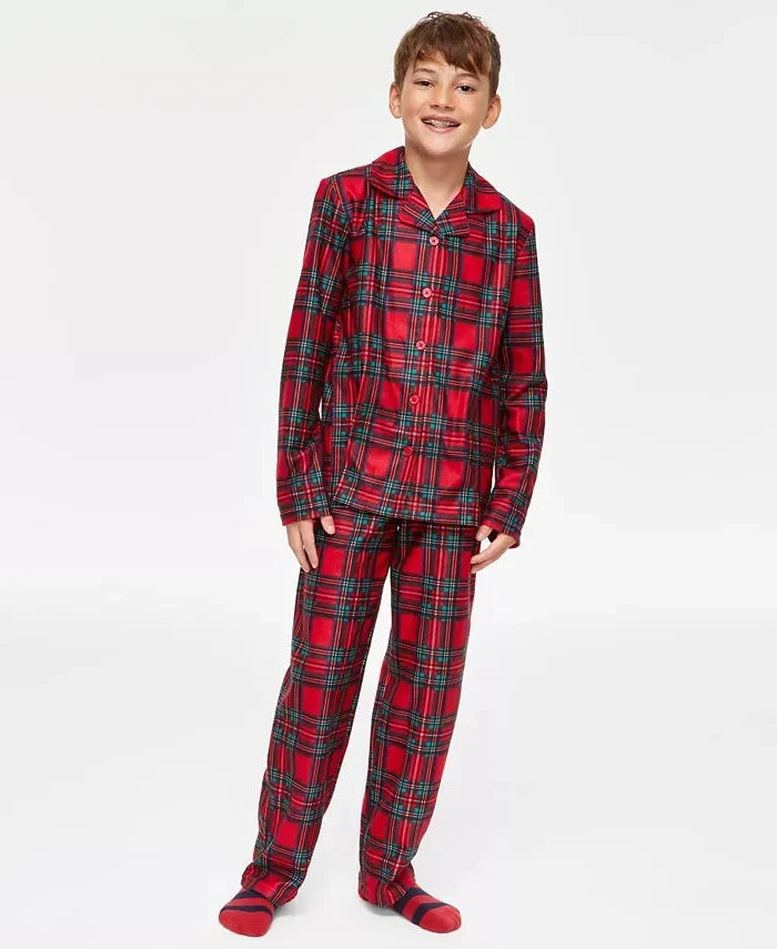 Kids Plaid Pajama Set with Button-Front Shirt and Elastic Pants