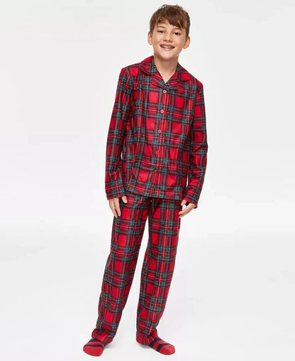 Kids Plaid Pajama Set with Button-Front Shirt and Elastic Pants