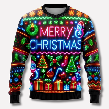 Neon Reindeer and Snowflake Sweater with Crew Neck and Long Sleeves, Unisex Relaxed Fit