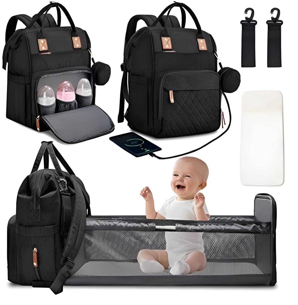 Portable Baby Cot Bag with Mosquito Net and Changing Mat, Bottle Holder