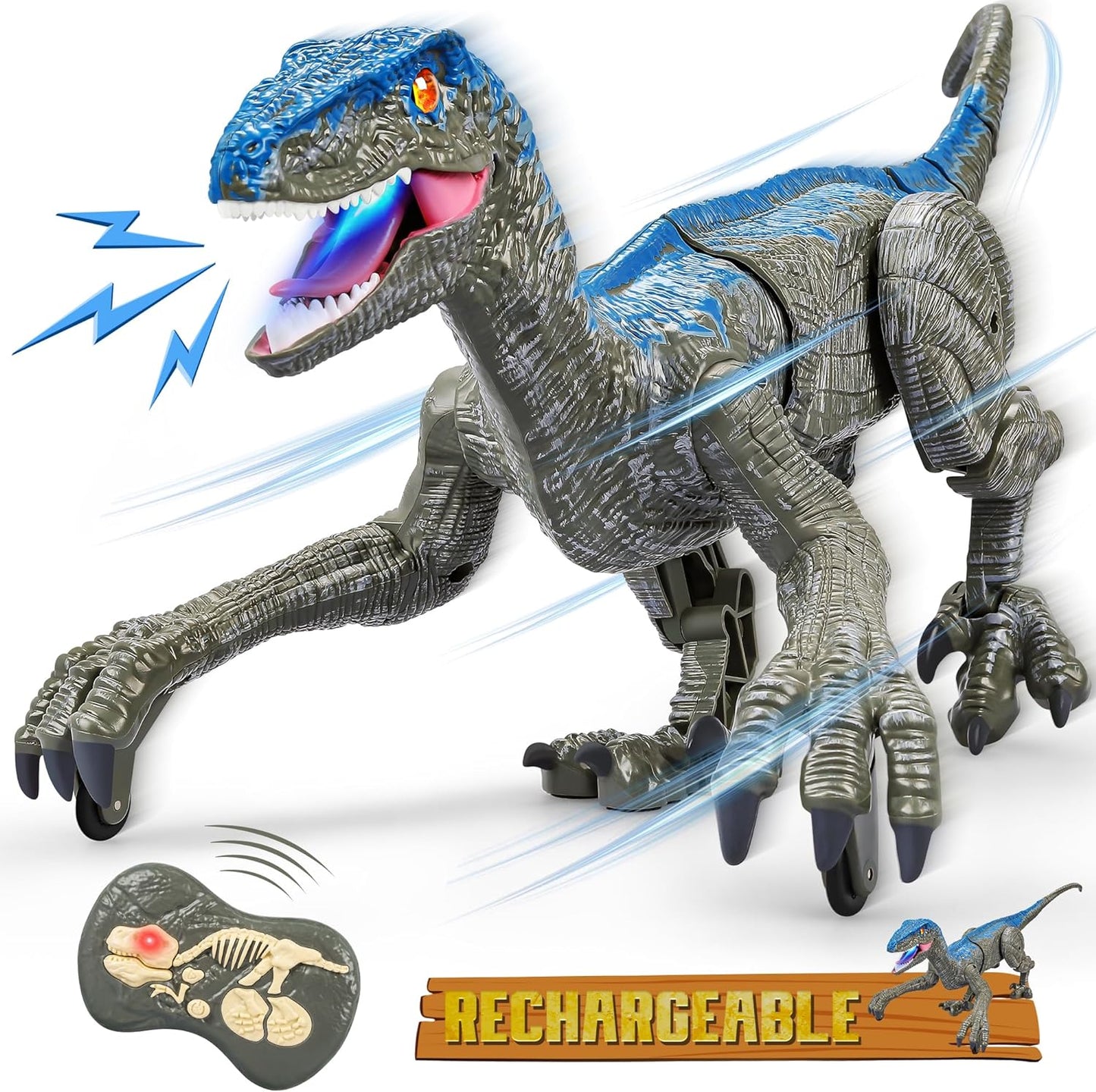 Walking Velociraptor Toy with Remote Control and Sound Effects, USB Rechargeable