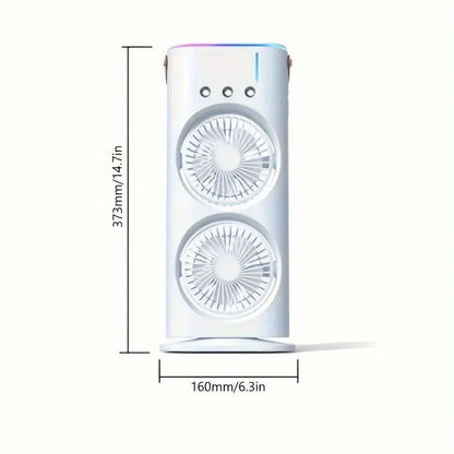 Rechargeable Desk Fan with Dual Oscillating Heads and Mist Spray, Color Changing Light