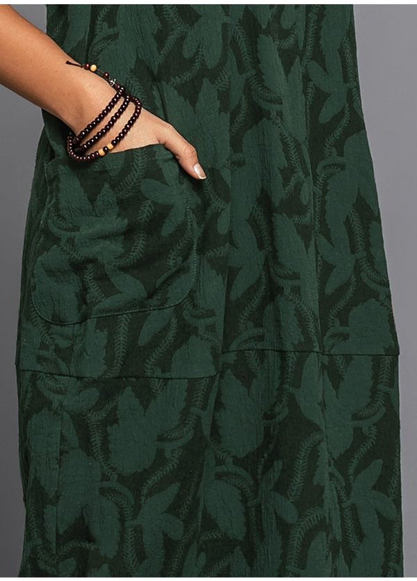 Cotton Blend Midi Dress with Side Pockets and Long Sleeves