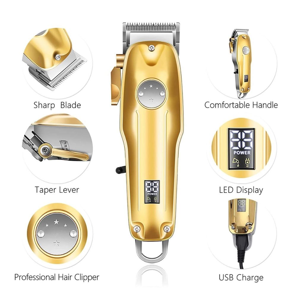 Cordless Metal Hair Clipper with Ceramic Blades and Adjustable Taper Lever, 4 Guide Heads