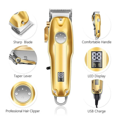 Cordless Metal Hair Clipper with Ceramic Blades and Adjustable Taper Lever, 4 Guide Heads
