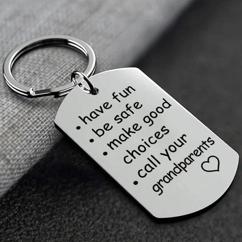 Engraved Stainless Steel Keychain with Reminder Message and Ring Clip
