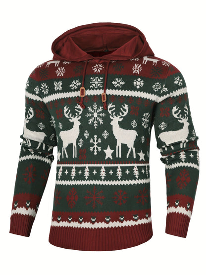 Christmas Hooded Sweater with Reindeer, Snowflake and Star Patterns and a Drawstring Hood in Two Styles