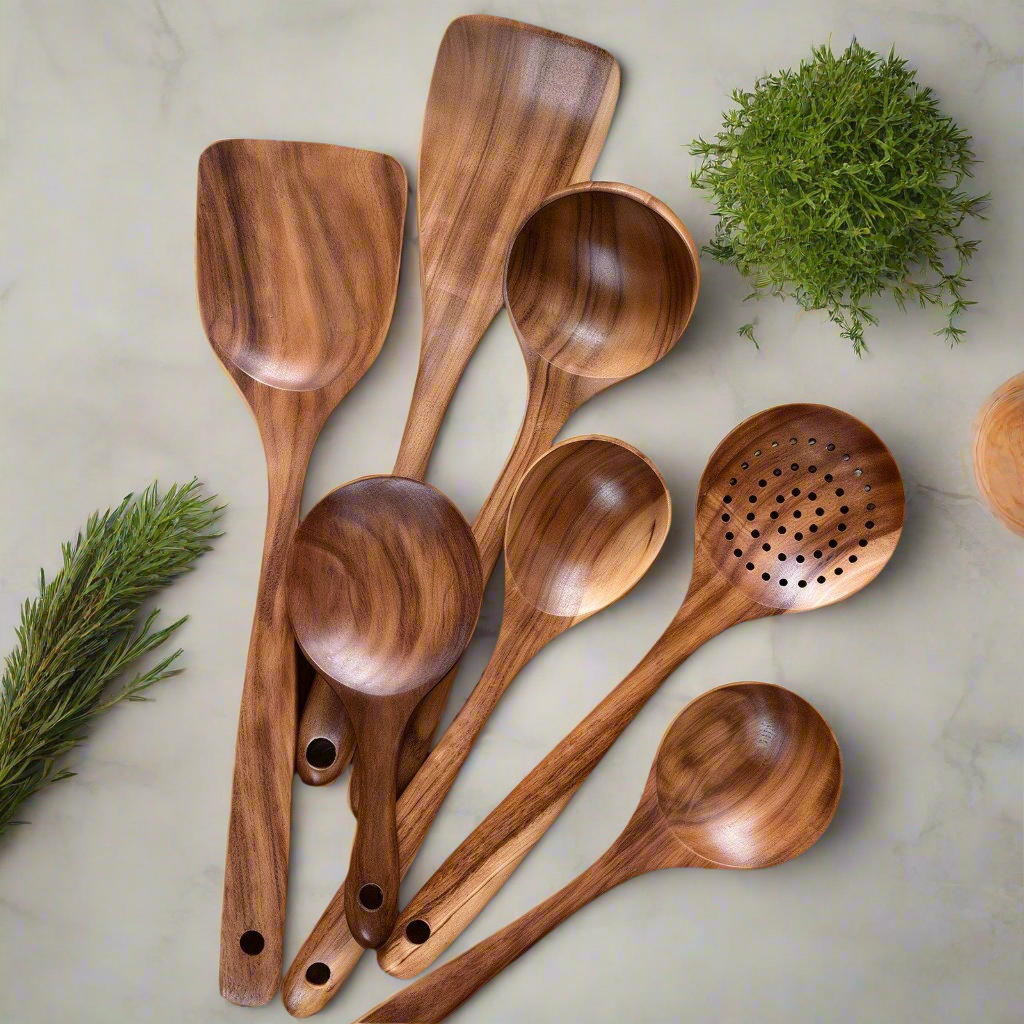 Wooden Kitchen Utensil Set with Nonstick Safe Design and Heat Resistant Teak