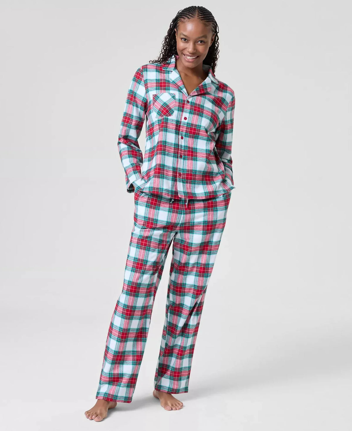 Cotton Plaid Pajama Set with Notched Collar and Drawstring Waist, Side Pockets