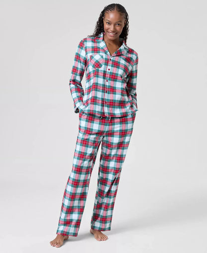 Cotton Plaid Pajama Set with Notched Collar and Drawstring Waist, Side Pockets