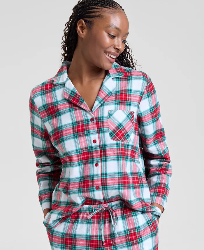 Cotton Plaid Pajama Set with Notched Collar and Drawstring Waist, Side Pockets