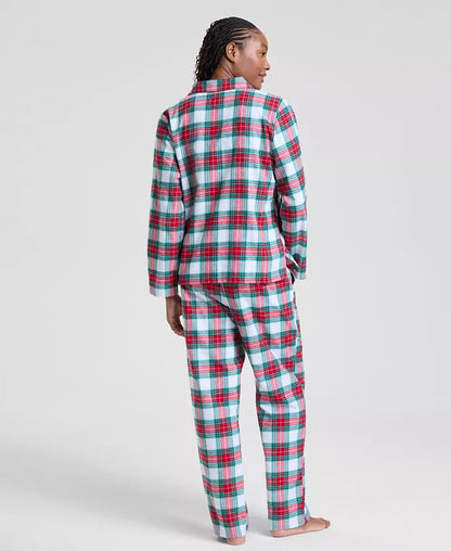 Cotton Plaid Pajama Set with Notched Collar and Drawstring Waist, Side Pockets
