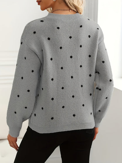 Womens Polka Dot Crew Neck Sweater with Soft Warm Knit and Relaxed Fit in Khaki or Gray