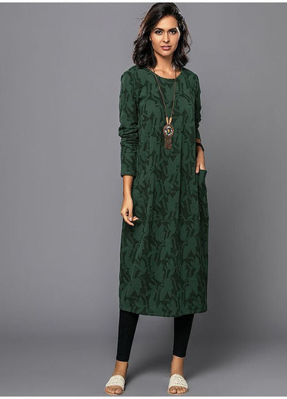 Cotton Blend Midi Dress with Side Pockets and Long Sleeves