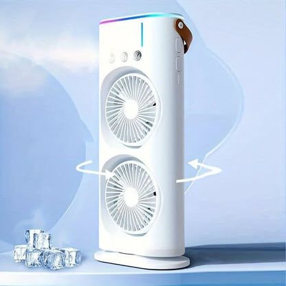 Rechargeable Desk Fan with Dual Oscillating Heads and Mist Spray, Color Changing Light