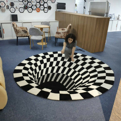 Black and White Vortex Illusion Rug with Anti-Slip Backing and Soft Polyester